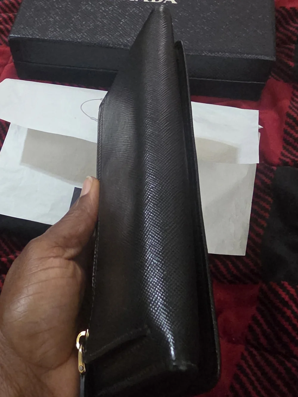 Prada Black Saffiano Leather Wallet with Card Holder and Chain